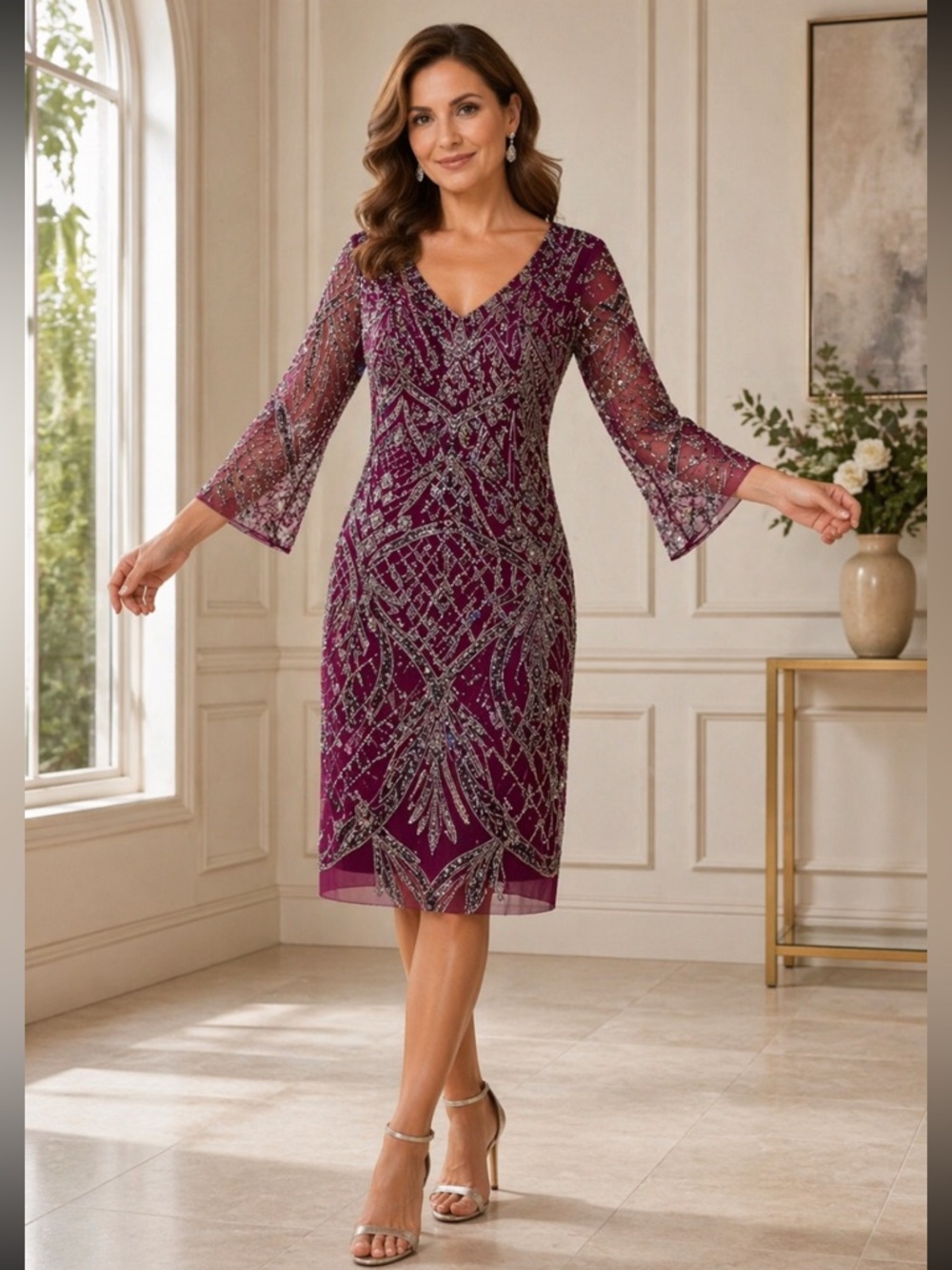 Aidan Mattox beaded 3/4 bell sleeves V-Neck dressy dress